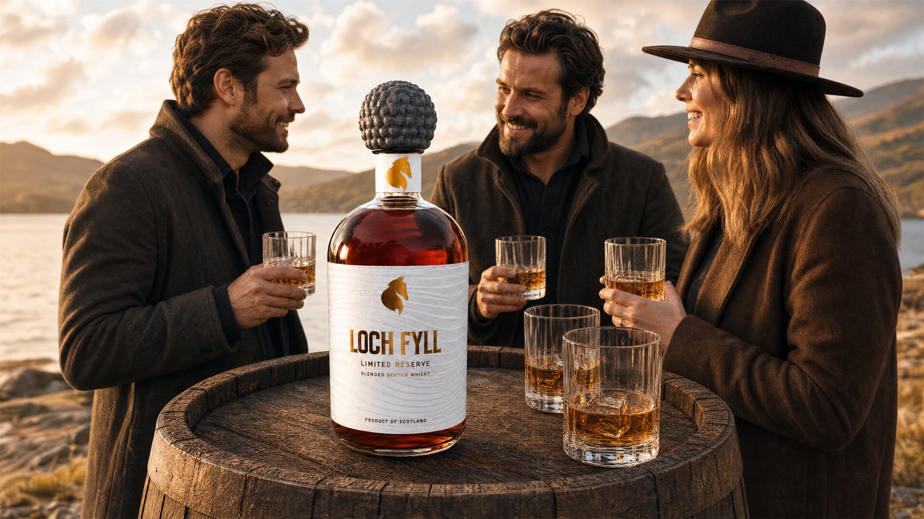 Loch Fyll blended Scotch whisky — campaign photography, bottle and stone closure on a cask at sunset