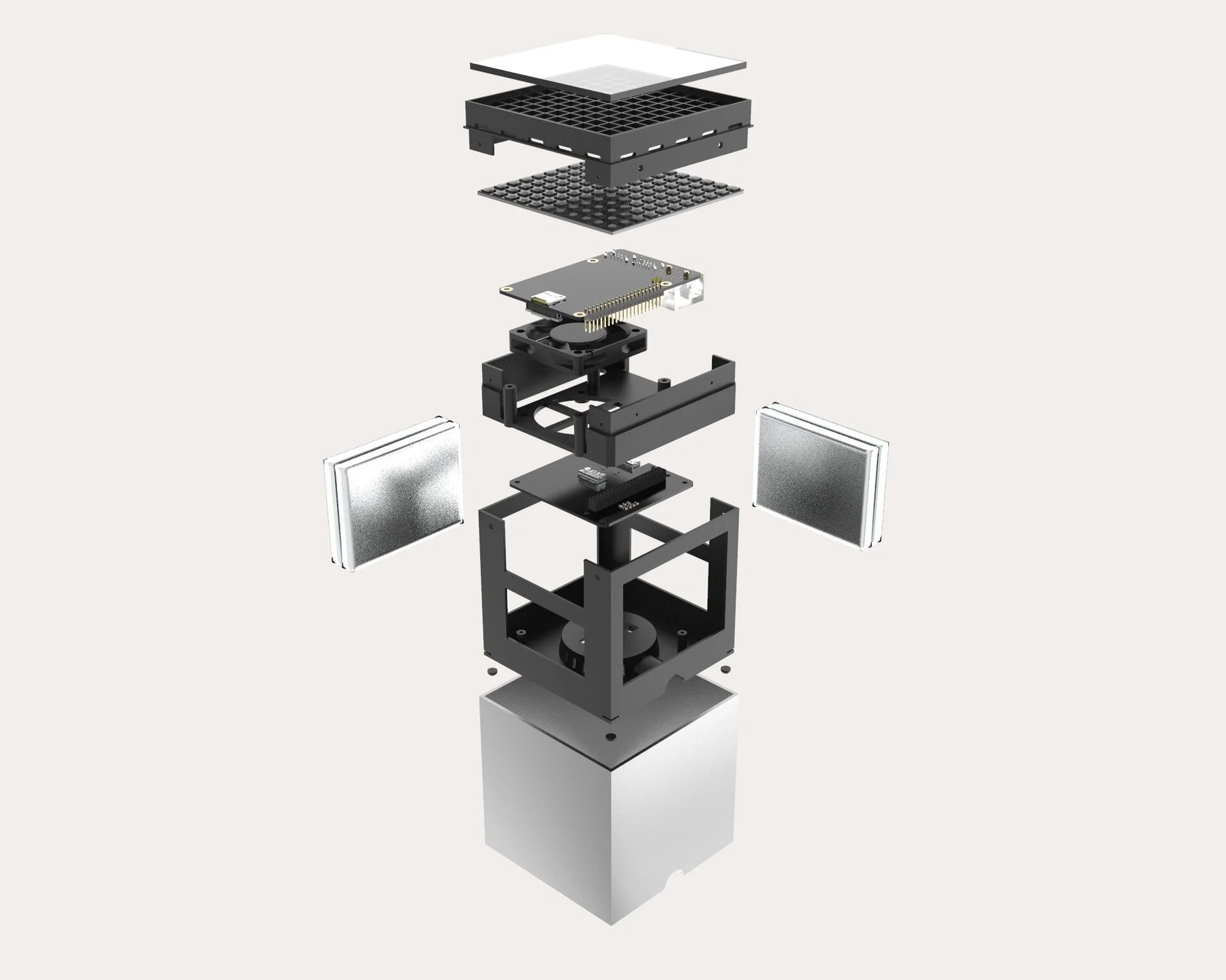 Wireline exploded assembly — diffuser, honeycomb baffle, LED matrix, compute board, fan and chassis